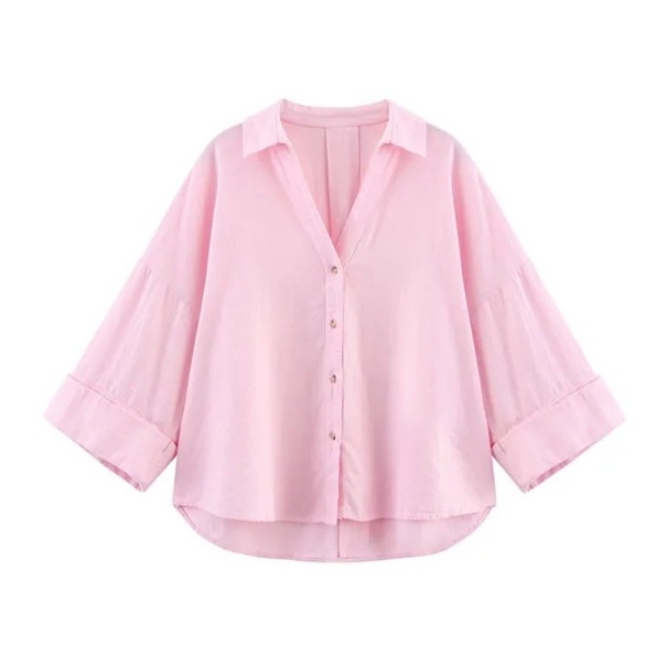 Camisa de linho leve para mulher com colarinho Mangas largas Abertura assimétrica Fecho com botões Blusa arejada em material natural rosa S