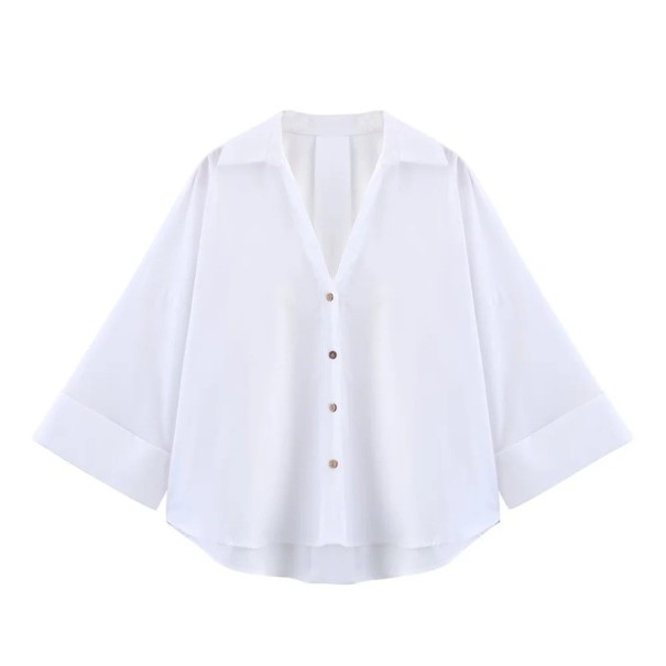 Camisa de mujer elegante de manga corta Blusa de un solo color con cuello y cierre de botones Top ligero y suelto de poliéster para el trabajo y el tiempo libre blanco XS