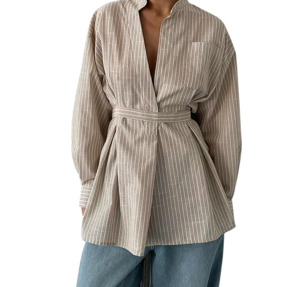Camisa de mujer marrón a rayas con cuello y manga larga Blusa estilosa con lazo en la espalda en la cintura Mezcla de poliéster y algodón S