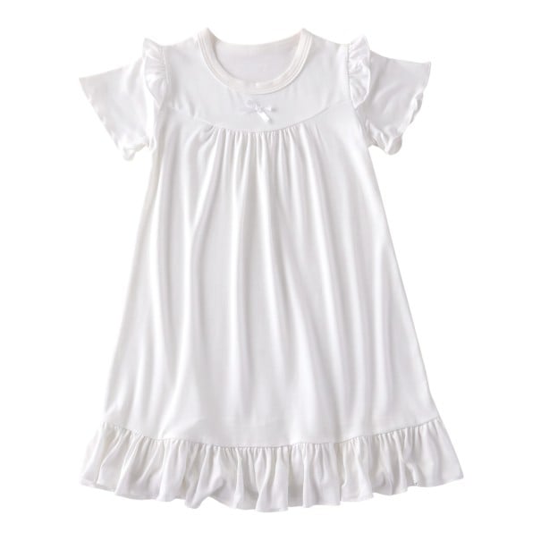 Camisa de noche infantil de corte acampanado con mangas cortas de vuelo, con canesú fruncido, un pequeño lazo y volantes en el borde inferior blanco 2