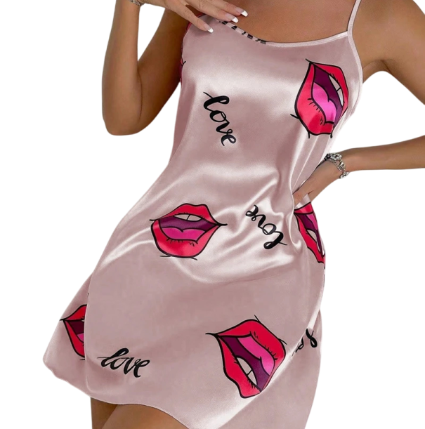 Camisa de noite sexy rosa para senhora com estampa de lábios e inscrição love Camisa de noite leve e elástica em poliéster e spandex Lingerie romântica M