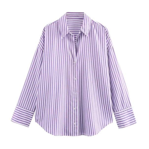 Camisa de rayas para mujer de corte suelto con manga larga y cuello Camisa elegante con botones de poliéster ligero Top estiloso en varios colores morado L