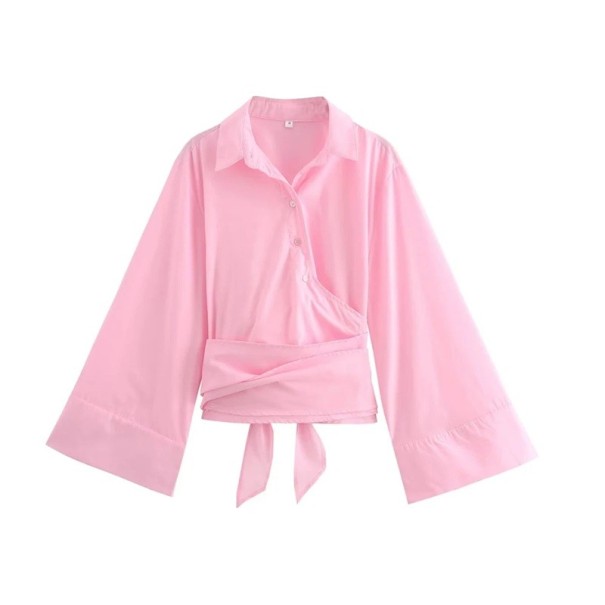 Camisa elegante de mujer con cuello y manga larga Kimono estiloso con lazo en la cintura Blusa de un solo color con botones de poliéster ligero rosa XS