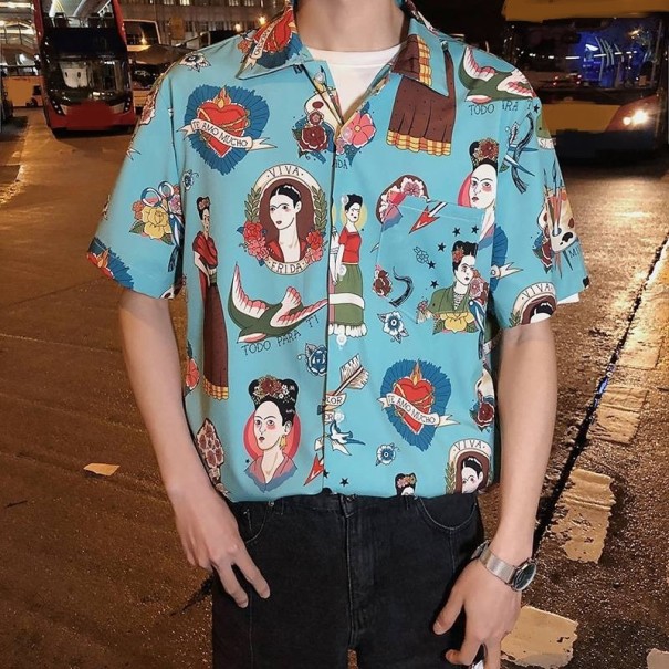 Camisa estampada hombre F842 azul claro XS