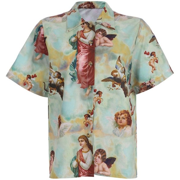 Camisa feminina de manga curta com estampado artístico de anjos Corte solto Gola aberta Fecho com botões Cores pastel M