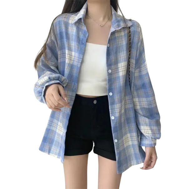 Camisa feminina xadrez elegante com colarinho Corte solto com fecho de botões Blusa estilosa em poliéster leve para uso diário azul XL