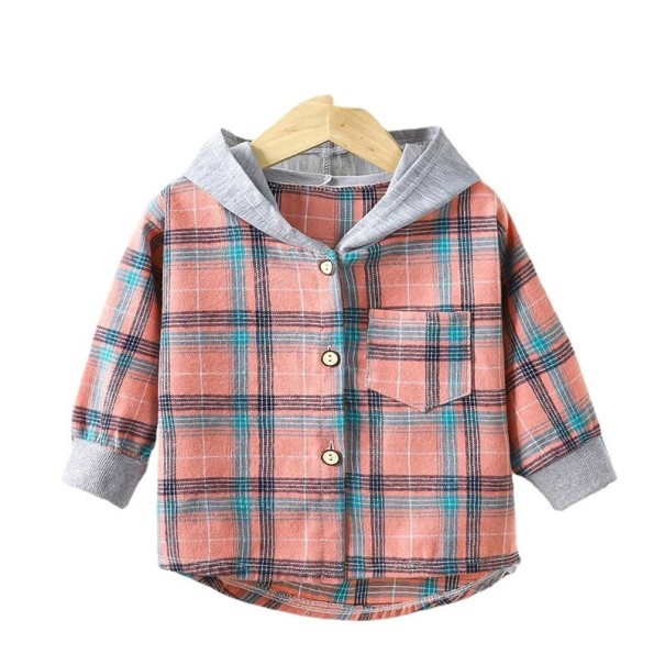 Camisa infantil xadrez com capuz Algodão Poliéster Casaco para meninas e meninos na primavera e outono Manga longa Casaco estiloso rosa 6