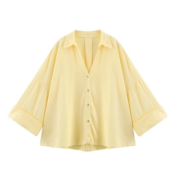 Camisa ligera de lino para mujer con cuello Mangas anchas Bajo asimétrico Cierre de botones Blusa vaporosa de material natural amarillo M