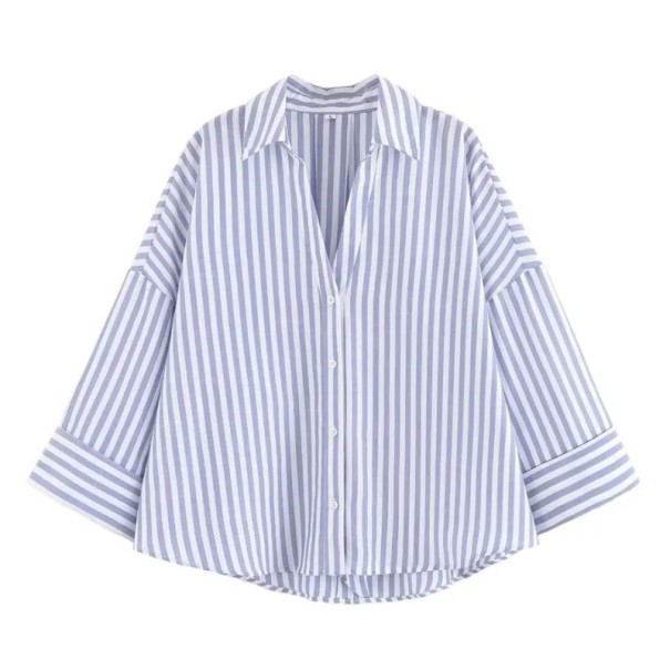 Camisa ligera de lino para mujer con cuello Mangas anchas Bajo asimétrico Cierre de botones Blusa vaporosa de material natural azul L