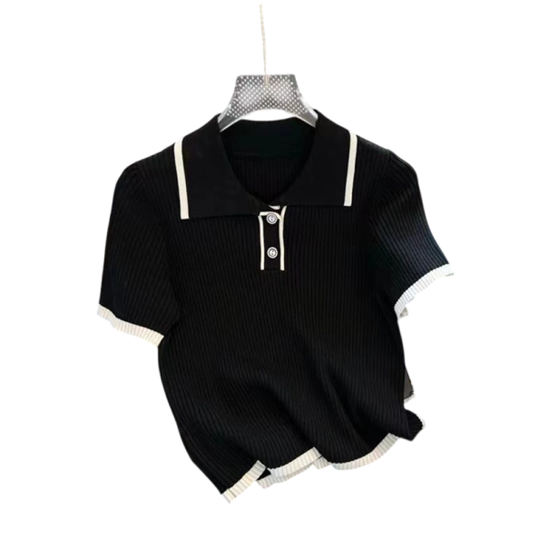 Camisa polo feminina em cor sólida com decote em V, colarinho e botões, top leve em poliéster para uso diário preto M