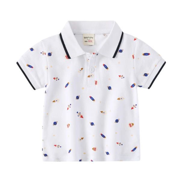 Camisa polo infantil para rapazes com colarinho e motivo de foguetões Manga curta Camiseta de algodão com botões até meio branco 7