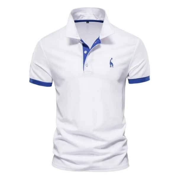 Camisa polo para hombre de manga corta de algodón unicolor con estampado de jirafa en el pecho, cuello y botones blanco L