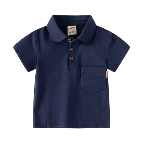 Camisa polo para niño con cuello y botones de manga corta Camiseta de algodón con cuello azul oscuro 4