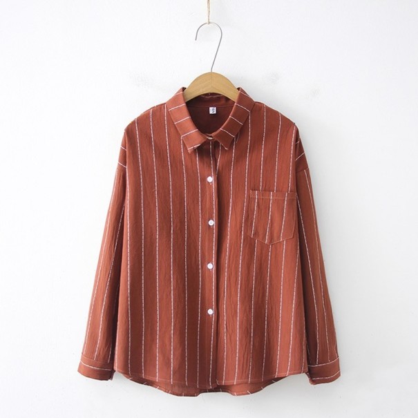 Camisa riscada feminina de manga longa castanho claro