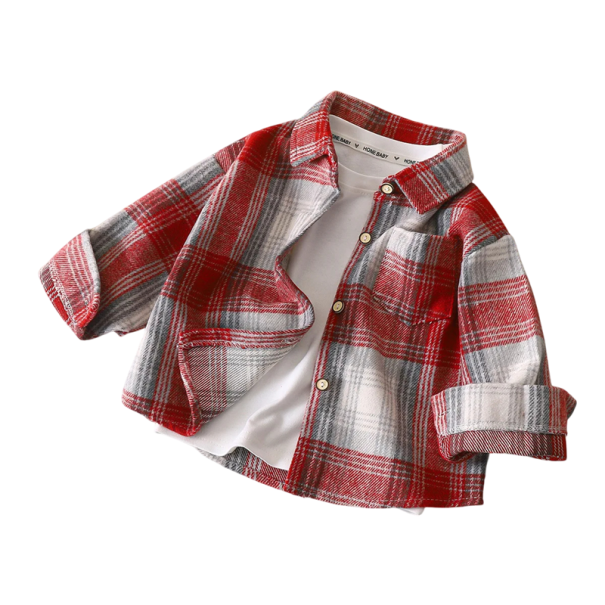 Camisa vintage xadrez infantil de manga longa Vermelho Cinza Algodão Poliéster Spandex Cardigan estiloso com colarinho e botões 6