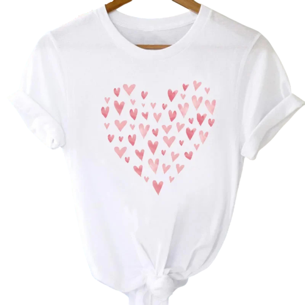 Camiseta blanca de mujer con estampado de corazones rosas en forma de corazón Camiseta elegante Camiseta de manga corta Top de verano Material de algodón Aspecto romántico XS