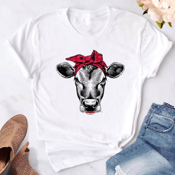 Camiseta blanca de mujer con estampado de vaca S 4