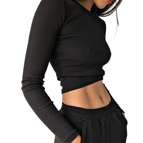 Camiseta de manga larga acanalada para mujer Corte entallado Material elástico Elegante top corto con cintura ideal para el día a día negro M