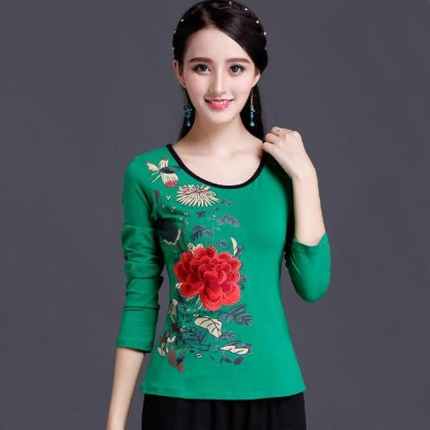 Camiseta de manga larga con estampado floral para mujer verde L