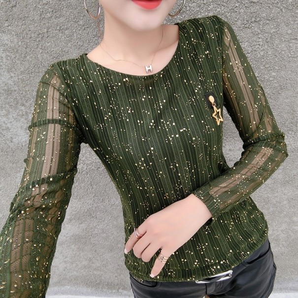 Camiseta de manga larga con purpurina para mujer B291 verde XS