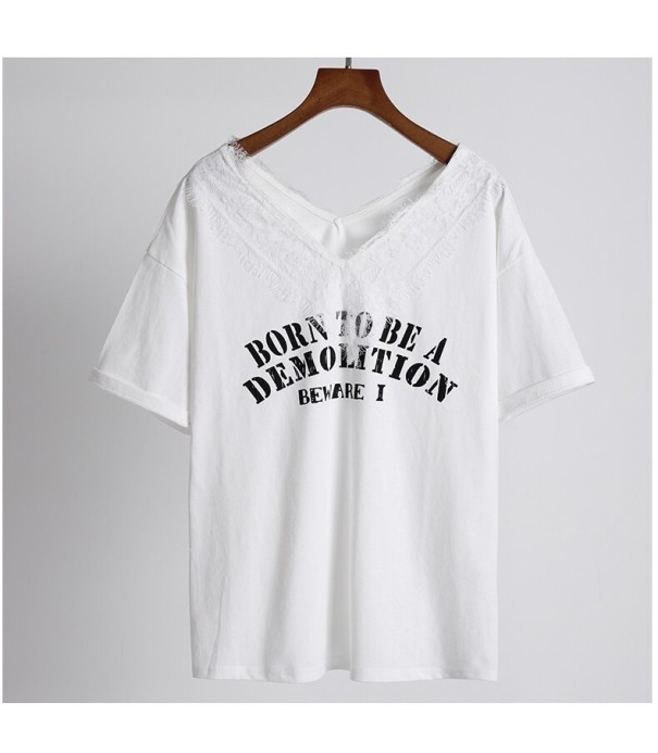 Camiseta de mujer con encaje y estampado blanco XXL