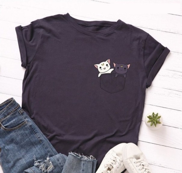 Camiseta de mujer con estampado de gato B289 azul oscuro M