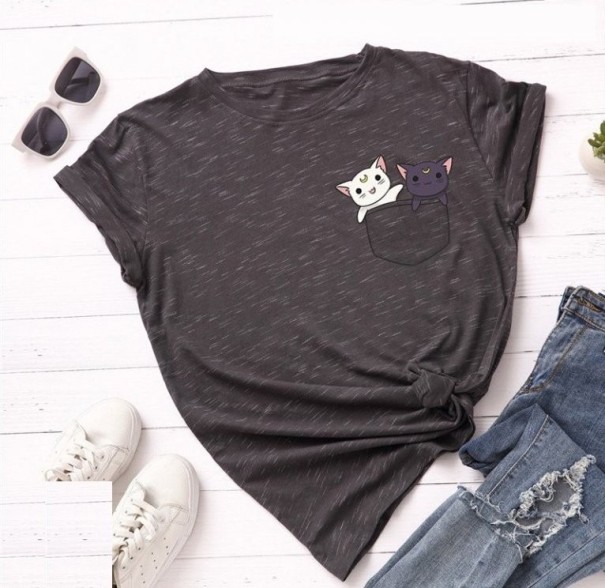 Camiseta de mujer con estampado de gato B289 gris oscuro 4XL Camiseta de mujer con estampado de gato B289 gris oscuro 4XL