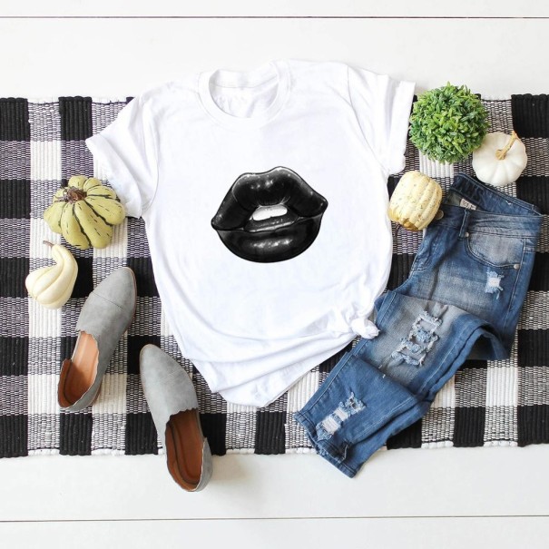 Camiseta de mujer con estampado de labios blanco XXL