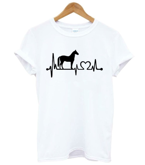 Camiseta de mujer con estampado - Latido del corazón y caballo J1797 blanco L