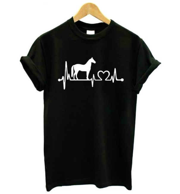 Camiseta de mujer con estampado - Latido del corazón y caballo J1797 negro L