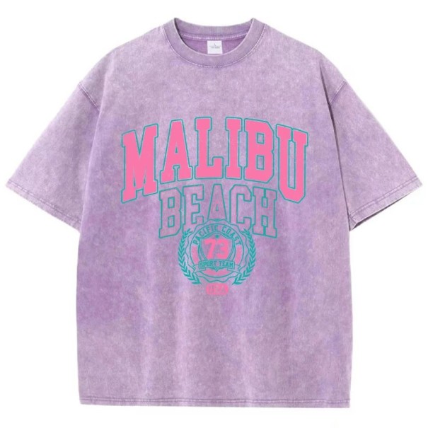 Camiseta de mujer con estampado vintage MALIBU BEACH Corte holgado Top streetwear de verano Estilo retro Ropa casual Diseño deportivo de moda morado XS