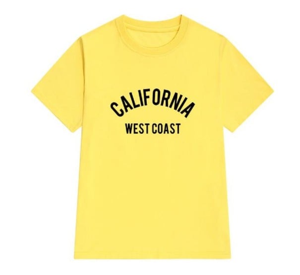 Camiseta de mujer con inscripción CALIFORNIA amarillo M
