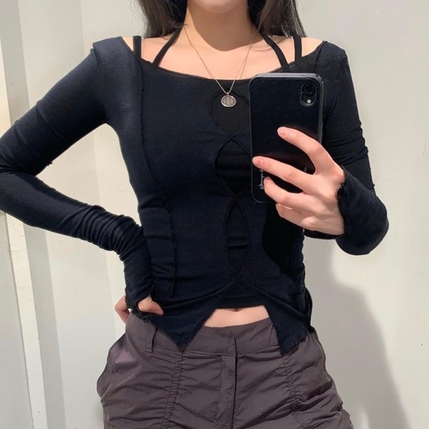 Camiseta de mujer con recortes negro S