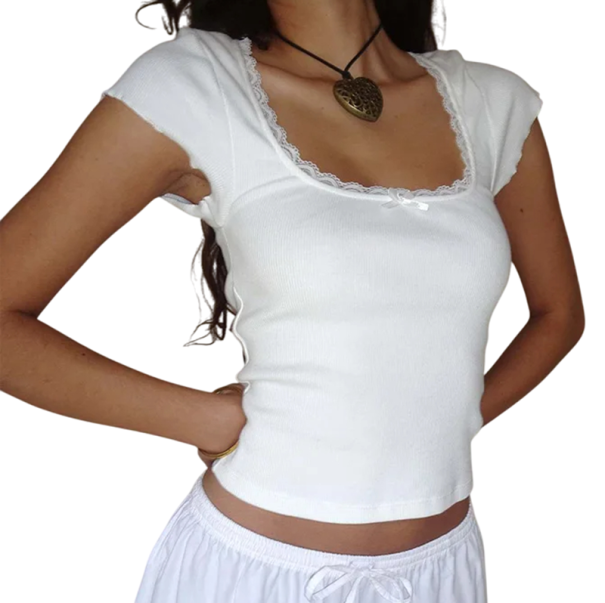 Camiseta de mujer con ribete de encaje Top corto con lazo Blusa elegante de manga corta Top sexy ajustado con escote cuadrado blanco S