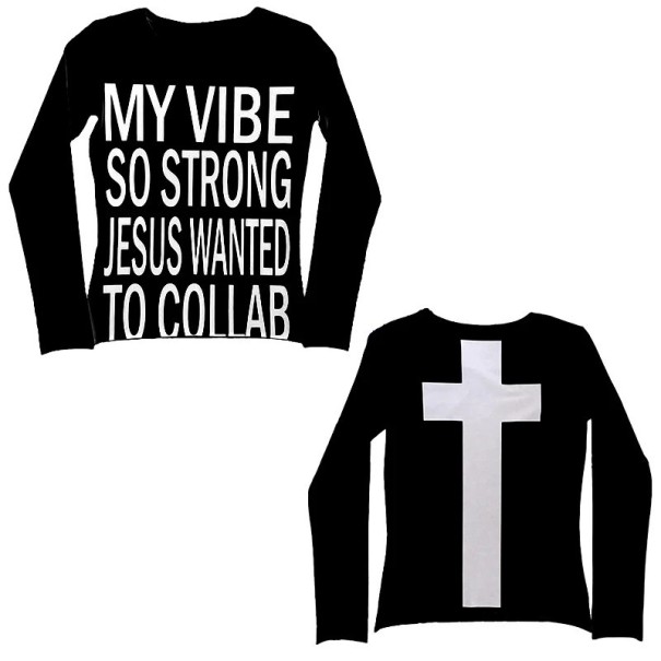 Camiseta de mujer de manga larga Cuello redondo Streetwear con motivo cristiano Cruz en la espalda y estampado en la parte delantera Estilo original negro XL