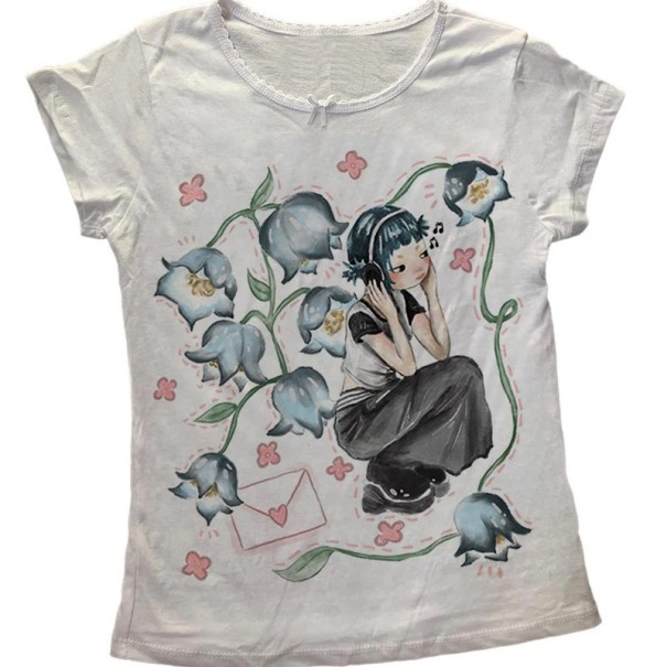Camiseta de niña de algodón blanco con estampado de anime Chica escuchando Flores Letra Ilustración linda Escote redondo Ribete de encaje S