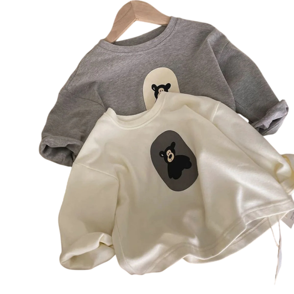 Camiseta de niño con manga larga y diseño de oso Top suelto de primavera y otoño con escote redondo Camiseta de un solo color para niños y niñas blanco 6