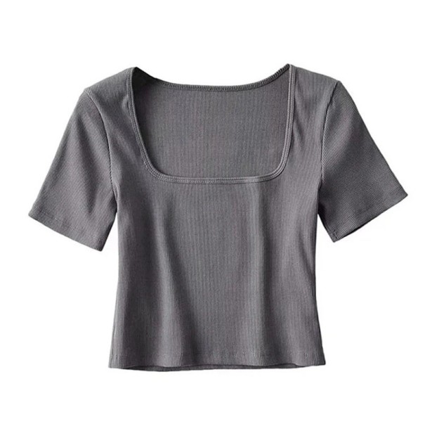 Camiseta de Senhora com Mangas Curtas Decote Quadrado Elegante Corte Justo Material Leve em Canelado Top Básico Estiloso para Uso cinzento escuro L