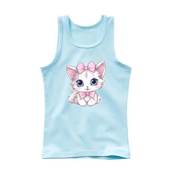 Camiseta de verano sin mangas para niñas 100% algodón Camiseta de un solo color con dibujo de gato Top de princesa adorable para niños Cómoda en varios colores azul 10