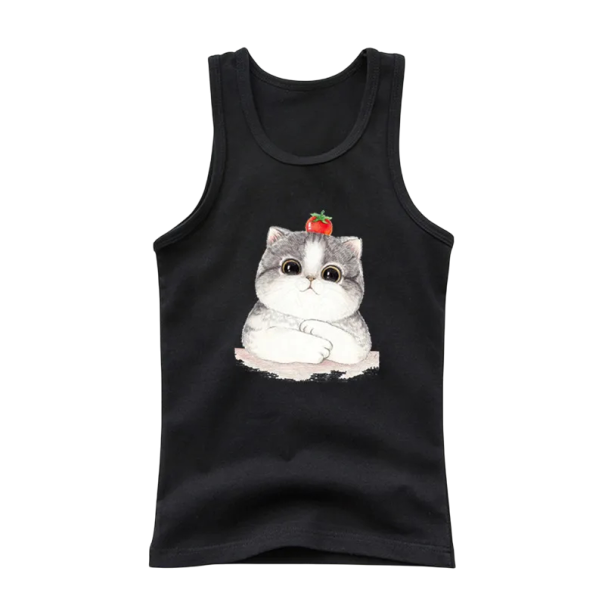 Camiseta de verano sin mangas para niñas 100% algodón Camiseta de un solo color con dibujo de gato Top de princesa para niños Camiseta suave y cómoda en varios colores negro 4