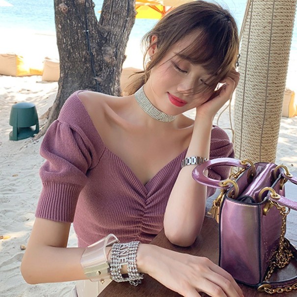 Camiseta elástica plisada para mujer morado