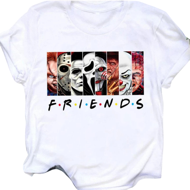 Camiseta feminina com estampado de horror Friends Personagens icónicos Personagens de filmes Motivo de horror Design engraçado Manga curta Estilo streetwear branco L