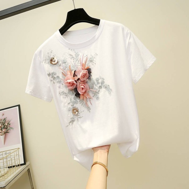 Camiseta feminina com flor 3D branco L