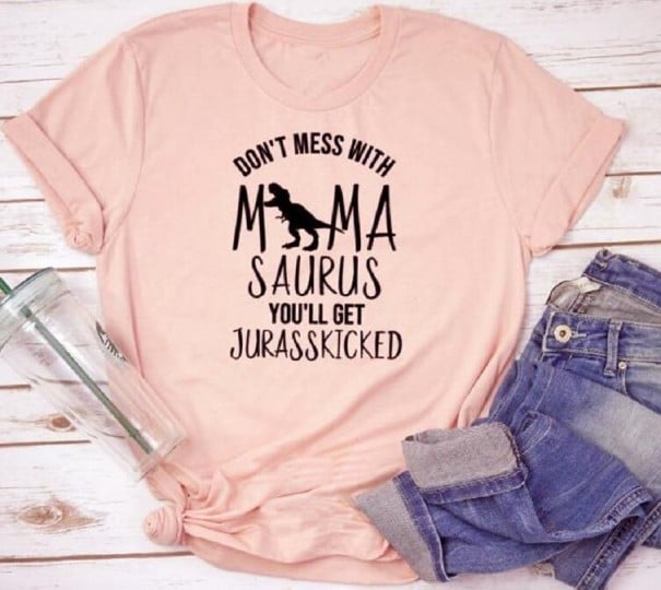 Camiseta mujer con estampado de dinosaurios B252 melocotón XXL