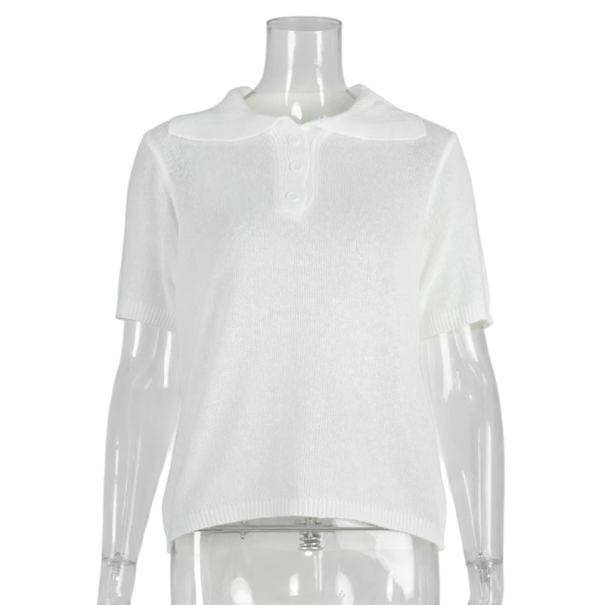 Camiseta polo de mujer de manga corta Diseño liso Escote en V con cuello y botones Algodón con poliéster blanco M