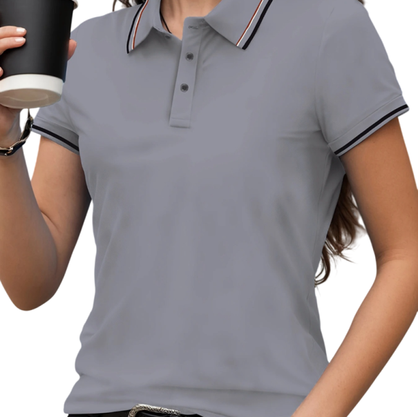 Camiseta Polo Mujer de Manga Corta Cuello en V con Botones Sólida de Poliéster Cómoda Elegante Casual Top de Verano y Primavera gris M
