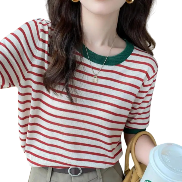 Camiseta riscada de mulher com mangas curtas Suéter elegante com decote redondo Top de moda para lazer na cidade e no escritório vermelho