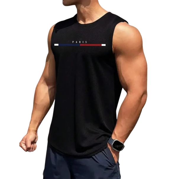 Camiseta sin mangas para hombre de un solo color con cuello redondo O Inscripción Paris Poliéster Top ligero de verano para deporte tiempo libre ciudad negro L