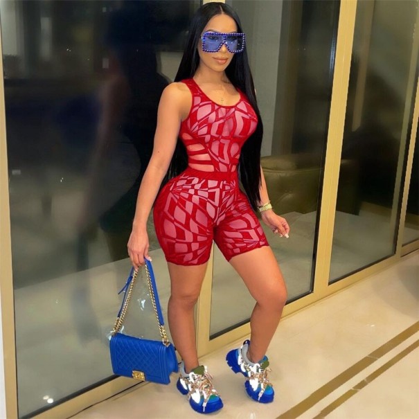 Camiseta sin mangas y pantalones cortos transparentes para mujer rojo L