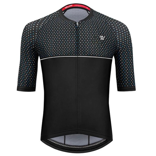 Camisola de ciclismo preta para homem com mangas curtas e fecho éclair, com bolinhas, para ciclismo, desporto e atividades XXS